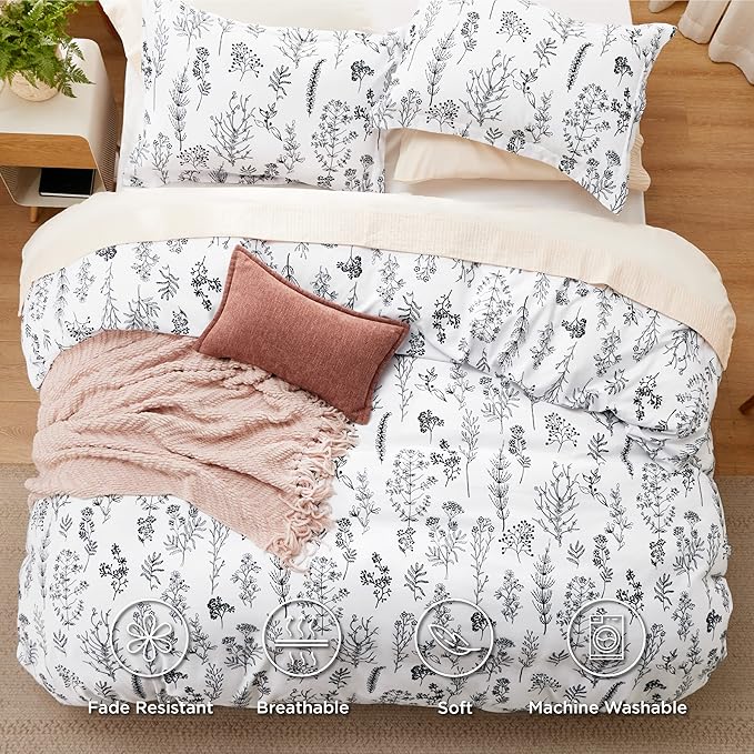 Bedsure Twin/Twin XL Duvet Cover - Reversible White Duvet Cover Set with Zipper Closure, 2 Pieces Cute Floral Patterned Bedding Set with 8 Corner Ties and 1 Pillow Sham