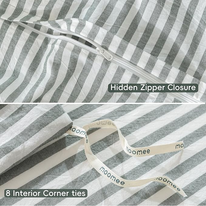 MooMee Striped Duvet Cover Set 100% Washed Cotton Linen Like Textured Breathable Durable Soft Comfy (Heathered Green Classic Stripes, Super Queen 90"x98")