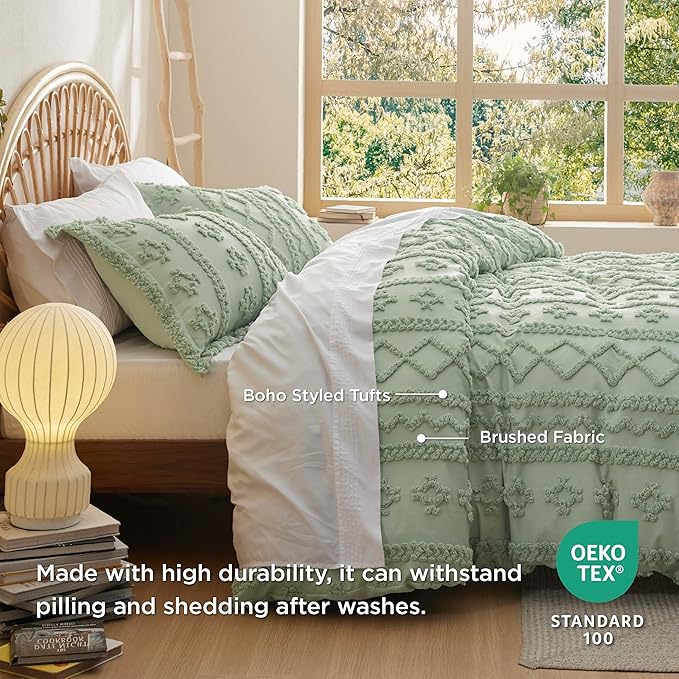 Bedsure Boho Duvet Cover King Size, Soft & Comfortable Elegant Design Boho Bedding for Decoration, Machine Washable Comforter Cover for All Seasons,Includes 1 Duvet Cover & 2 Pillow Shams,Light Green