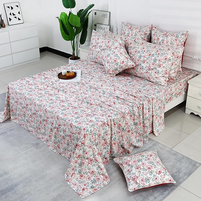 FADFAY Rose Floral Sheets Set Twin XL Vintage Red Floral Bedding Shabby Rose Sheets French Country Farmhouse Bedding 800 Thread Count 100% Egyptian Cotton Deep Pocket Fitted Sheet 4Pcs, Twin XL Size