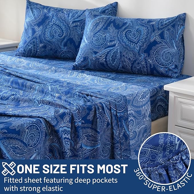 Bedlifes Queen Size Extra Deep Pocket Sheet Sets - Fits Mattresses Up to 18-24" Thick, 4-Piece Microfiber Set with 1800 Thread Count, Soft, Smooth, Breathable, Featuring Paisley Dark Navy Blue