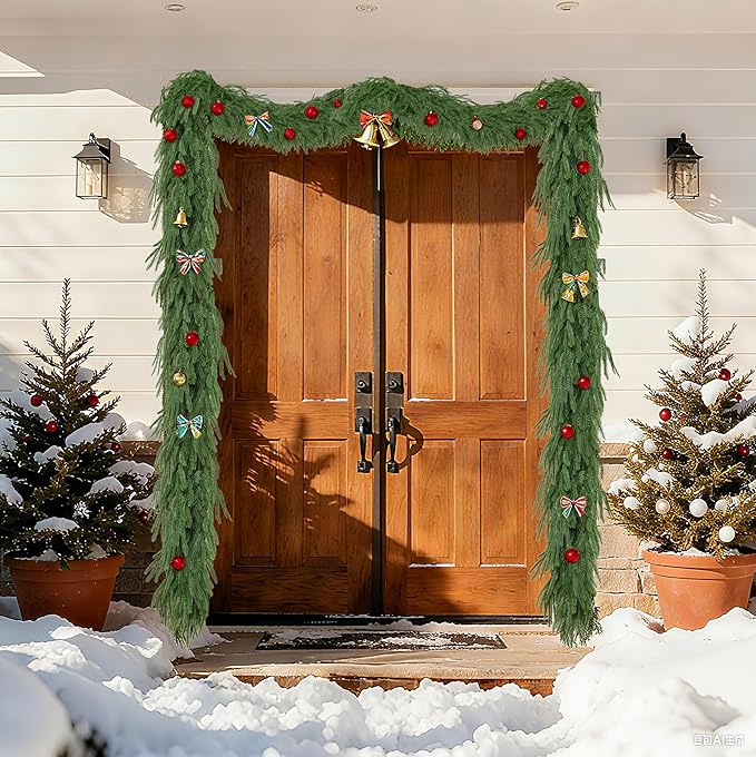 Palonu 2 Pcs 5Ft Artificial Norfolk Garland, Faux Christmas Greenery Touched Like Real Needles Pine, Decoration for Table Mantle Wall Porch Fireplace Indoor Outdoor Winter Holiday Décor