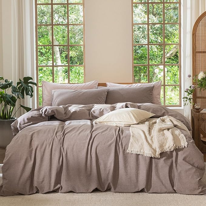 MooMee Bedding Duvet Cover Set 100% Washed Cotton Linen Like Textured Breathable Durable Soft Comfy (Heathered Mauve Brown, Alaska King 132"x120")
