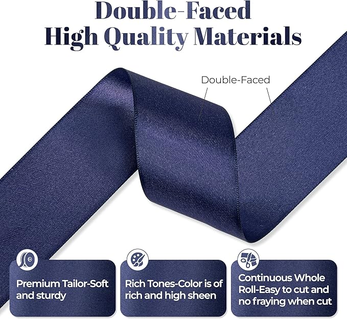 Navy Blue Satin Ribbon, Double Faced 1-1/2 Inch X 50 Yards Navy Blue Ribbon, Premium Satin Ribbon for Gift Wrapping, Crafts, Hair Bow Making, Sewing, Flower Bouquet, Wedding Party Decor