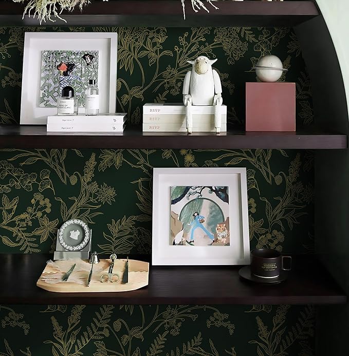 Peel and Stick Wallpaper Dark Green and Gold Floral Wallpaper Vintage Flower and Leaf Contact Paper for Cabinets Self-Adhesive Removable Wallpaper for Bedroom Bathroom Kitchen 197"x17.3"
