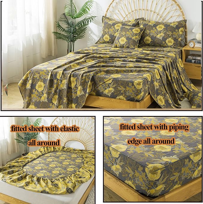 FADFAY Floral Sheets Set Queen Vintage Grey Yellow Floral Bedding Shabby Peony Farmhouse Bedding Super Soft Washed Double -Layer Muslin Sheets 100% Cotton Deep Pocket Fitted Sheet 4Pcs, Queen Size