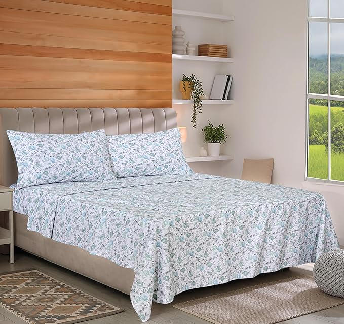 RUVANTI 100% Organic Cotton Sheets Queen Size, Percale Weave, GOTS Certified, 4-Piece Set, Deep Pocket 15", Crisp & Breathable, Soft Durable Bedding, Sábanas Algodón Orgánico – Cold Chrysanthemum
