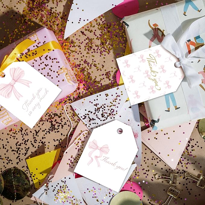Pro Supply Global 24 Count of 2.5 Inch x 3 Inch Pre Strung Pink Bows Gift Tag Assorted Printed Designs on Large Cardstock Gift Hang Tags - Ideal to Use on Bags