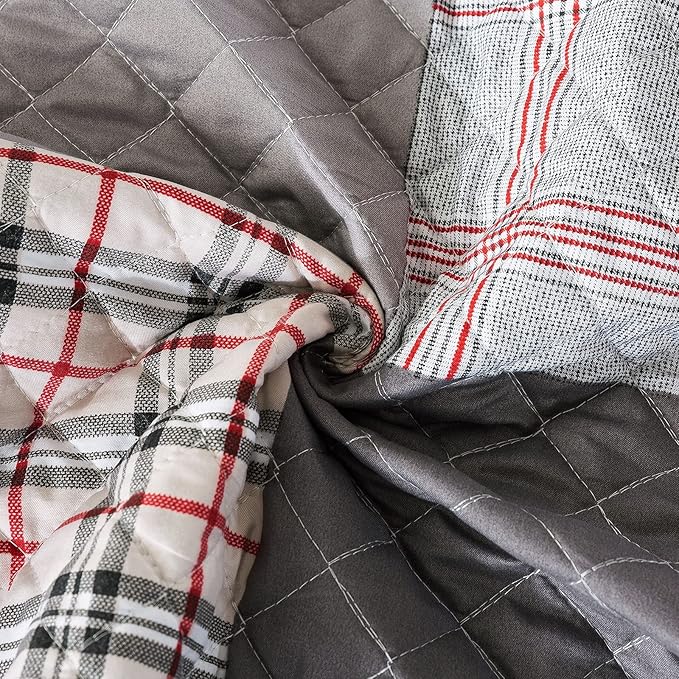 Travan Quilt Set 3-Piece Oversized Quilted Bedspread Coverlet Set Grey European British Grid Patchwork Bedding Set, King Size