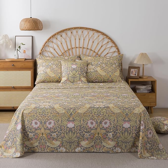 FADFAY 100% Cotton Cal King Bed Sheet Set, 4 Piece Gray Vintage Floral Bird Print Bedding, Soft Breathable Cooling Sheets, Deep Pocket Fitted Sheet, Flat Sheet & Pillowcases, All Season Cotton Bedding