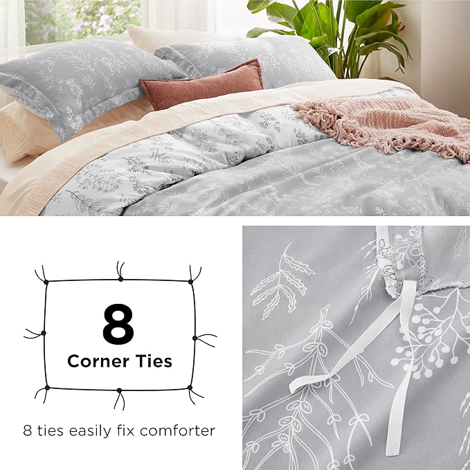 Bedsure Twin/Twin XL Duvet Cover - Reversible Grey Duvet Cover Set with Zipper Closure, 2 Pieces Cute Floral Patterned Bedding Set with 8 Corner Ties and 1 Pillow Sham
