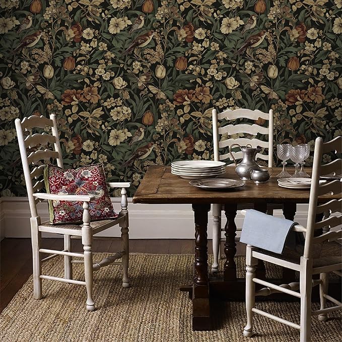 Erfoni 17.3" x 394" Bird Floral Peel and Stick Wallpaper Vintage Contact Paper for Livingroom Floral and Leaf Self Adhesive Wall Paper Retro DIY Removable Decorative Wallpaper Vinyl Roll Dark