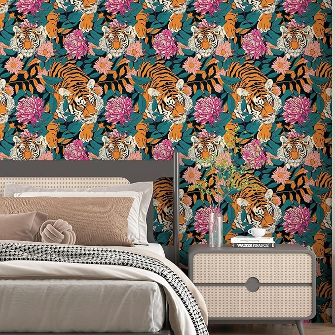 Tiger Stick and Peel Wallpaper Vintage Floral Contact Paper Retro Boho Leaf Wall Paper Removable Renter Friendly Wall Decor for Bathroom Backsplash Drawer Cabinet 17.5 x 393.5In