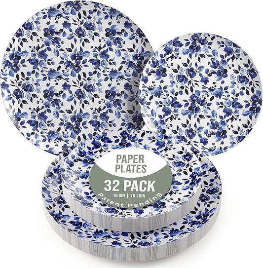 Trendables Heavy Duty Paper Plates Set For 16 Guests - 16 Each Of 8-inch And 10-inch Disposable Plates For Party - Fancy 32 Piece Dinnerware Set For All Occasions | Floral Design, Bluebelle