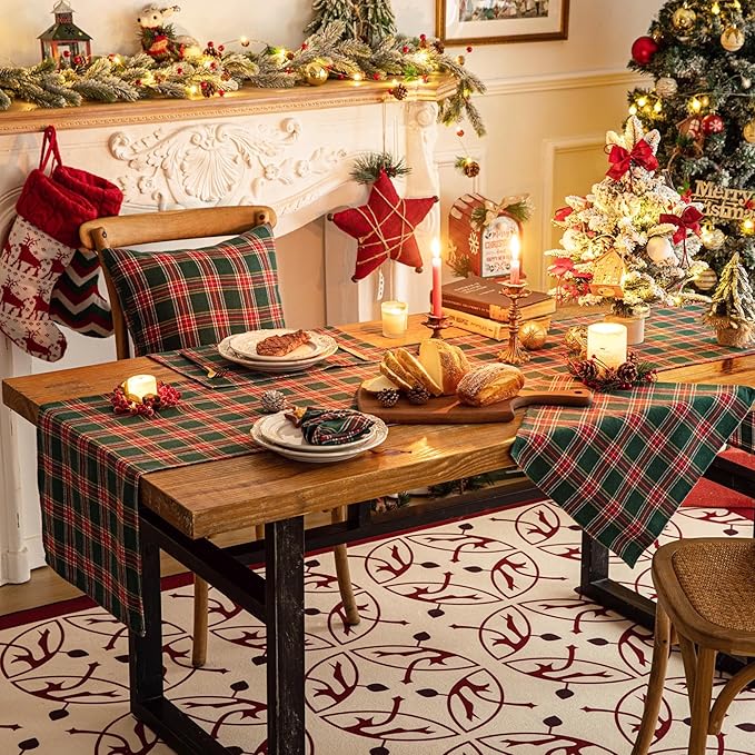 Green Red Plaid Christmas Table Runner, Winter Holiday Table Runners 90 inches Long, Xmas Decorations Indoor Outdoor Farmhouse Home Kitchen Dining Party Decor