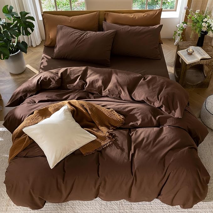 MooMee Bedding Duvet Cover Set 100% Washed Cotton Linen Like Textured Breathable Durable Soft Comfy (Solid Cocoa Brown, Full 80"x90")