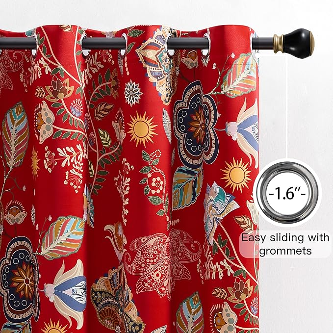 XiDi Red Floral Curtains 102 Inches Long 2 Panels 100% Blackout Vintage Botanical Leaf Patterned Curtains for Living Room Bedroom Thermal Insulated Room Darkening Luxury Colorful Drapes Grommet 52x102