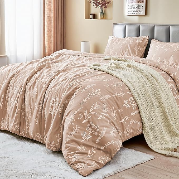 MUXHOMO Duvet Cover King Size, Reversible Floral Rosy Gold Duvet Cover Set with Zipper Closure, 3 Pieces Botanical Patterns Soft Microfiber Bedding Set (90"x104", 2 Pillow Cases 20"×36")