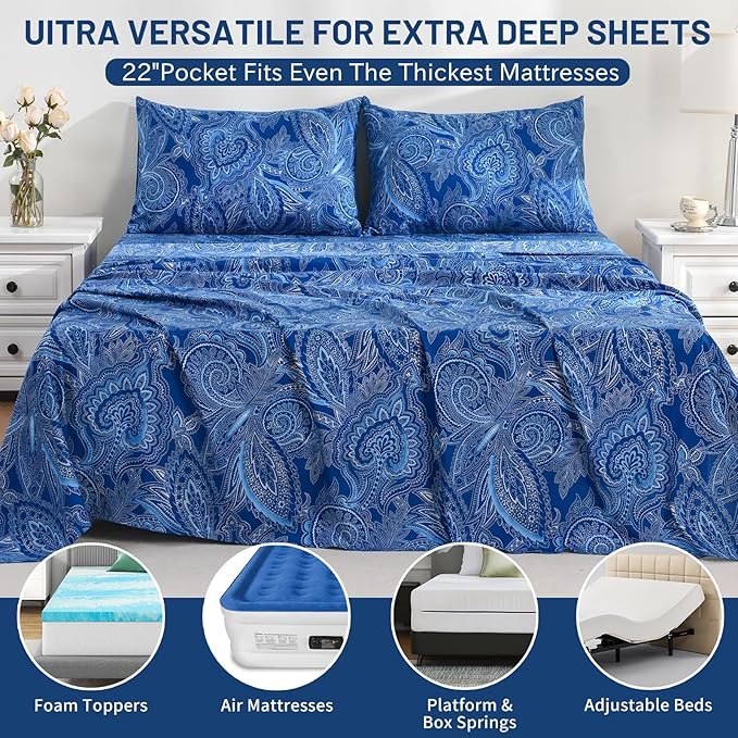 Bedlifes Queen Size Extra Deep Pocket Sheet Sets - Fits Mattresses Up to 18-24" Thick, 4-Piece Microfiber Set with 1800 Thread Count, Soft, Smooth, Breathable, Featuring Paisley Dark Navy Blue