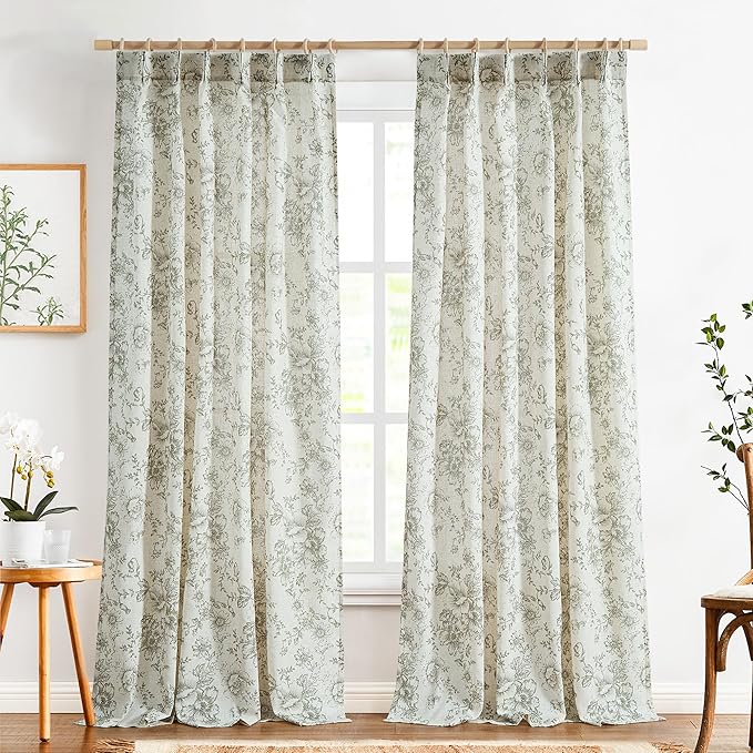 jinachan Pinch Pleated Curtains Floral Linen Blend Curtains for Living Room 108 Inches Length Christmas Green Peony Flower Printed Curtain Rod Pocket Back Tab Farmhouse Drapes with Hooks Set 2 Panels