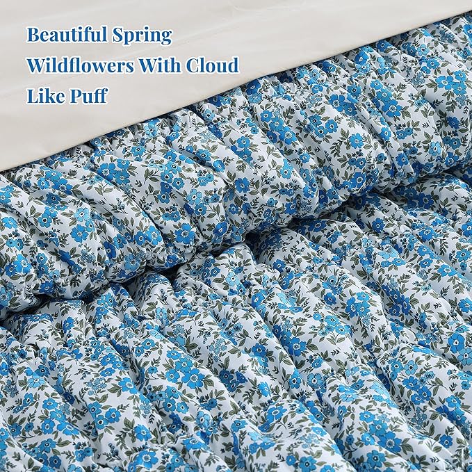 Full Size Comforter Sets - 7 Pieces Puff Blue Floral Bedding Set for All Seasons, Shabby Chic Farmhouse Bed in a Bag Full with Floral Comforter, Sheets, Pillowcases & Shams