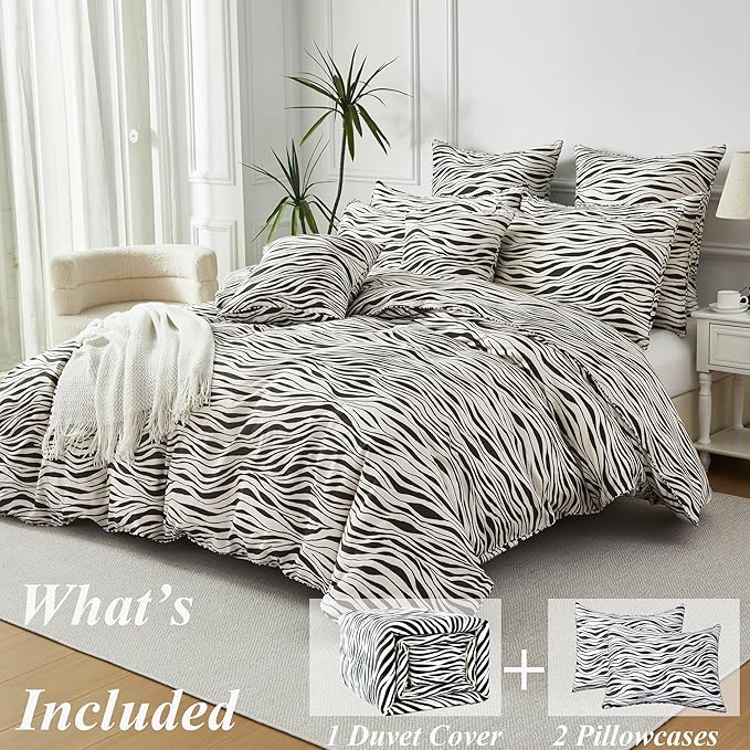 FADFAY Zebra Duvet Cover Queen, 100% Cotton Chocolate and White Animal Print Bedding Set, 3 Pieces with Zipper Closure & Corner Ties