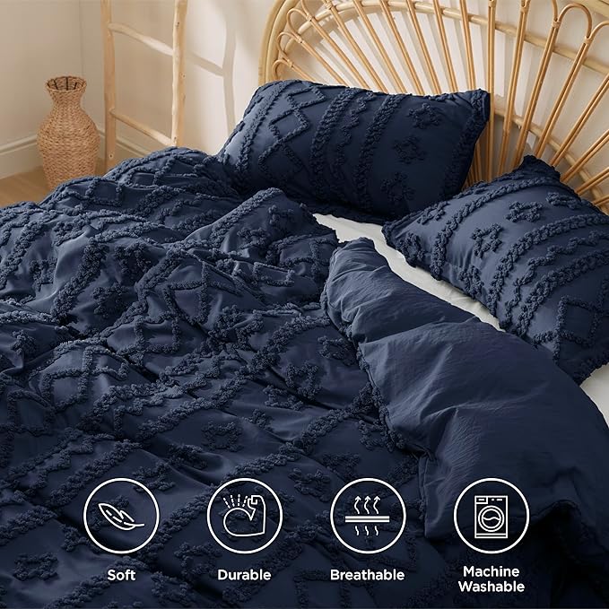 Bedsure Boho Duvet Cover King Size, Soft & Comfortable Elegant Design Boho Bedding for Decoration, Machine Washable Comforter Cover for All Seasons,Includes 1 Duvet Cover & 2 Pillow Shams,Navy