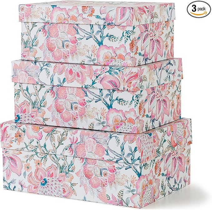 Soul & Lane Decorative Storage Boxes with Hinged Lids, Pink Chinoiserie - Set of 3 Floral Memory Keepsake Boxes with Lids, Pretty Large Cardboard Photo Storage for Organizing, Home Décor, Gifts