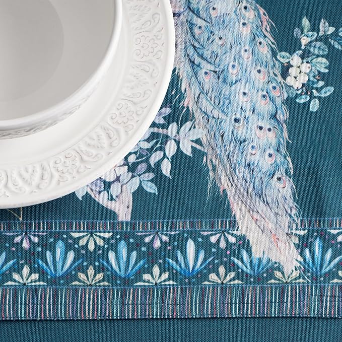 Maison d' Hermine Tablerunners 100% Combed Cotton Premium Table Runner Decorative Table Cover, Home, Kitchen & Camping, Peacock Utopia - Deep Sea, Double Layer - (14.5"x72")