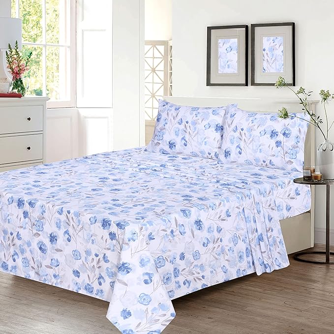 RUVANTI 100% Cotton King Size Sheets Set, 4 Pieces, Soft & Breathable Percale Weave Bedding, Deep Pocket 16", Hotel Standard, Crisp Cool Feel, Durable, Perfect Floral Bed Sheet, Monotones