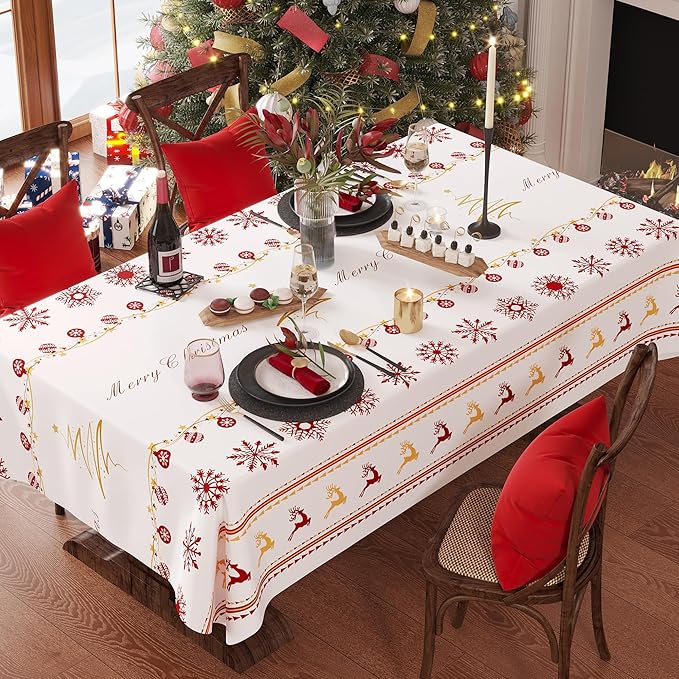 Christmas Rectangle Table Cloth,100% Waterproof Tablecloth,Christmas Decorations for Home, Vinyl Tablecloth Plastic Table Cover for Party，Picnic,Dining,Outdoor 54" x 54",Merry Ribbon