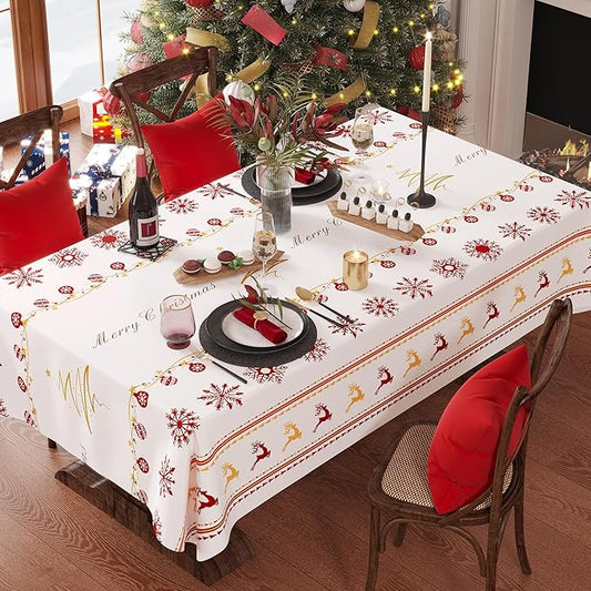 Christmas Rectangle Table Cloth,100% Waterproof Tablecloth,Christmas Decorations for Home, Vinyl Tablecloth Plastic Table Cover for Party，Picnic,Dining,Outdoor 54" x 120",Merry Ribbon