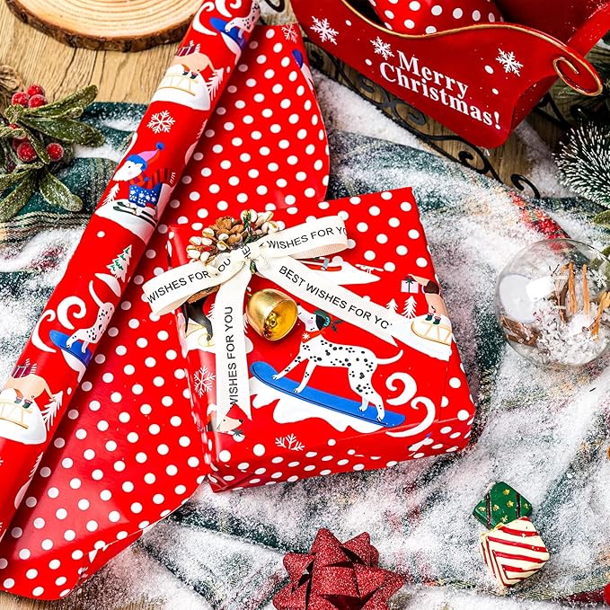 Yarcony Dog Christmas Wrapping Paper Roll, Red Wrapping Paper, Reversible Funny Skiing Puppy and Polka Dot Design Kid Christmas Gift Wrap Paper for Winter Holiday, Dog Lover (17 Inch X 33 Feet)