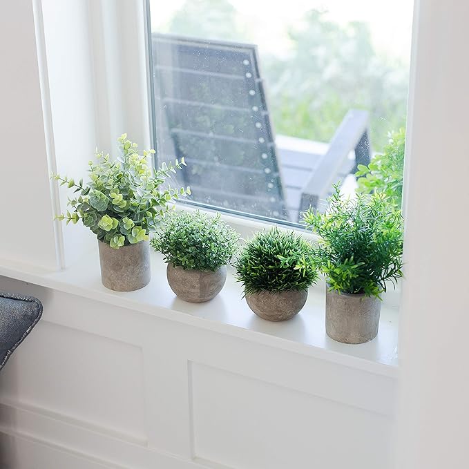 Artificial Plants for Home Decor Indoor. 4 Mini Plants, Rosemary Faux Plant Decor, Eucalyptus Plant, Grass Plants. Small Fake Shelf or Desk Greenery Décor