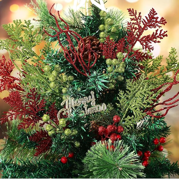 75 Pcs Christmas Glitter Branches 3 Styles Artificial Christmas Picks Berries Stems Pine Needles Floral Twig Spray for Xmas Tree Ornaments DIY Wreath Garland(Red, Green)