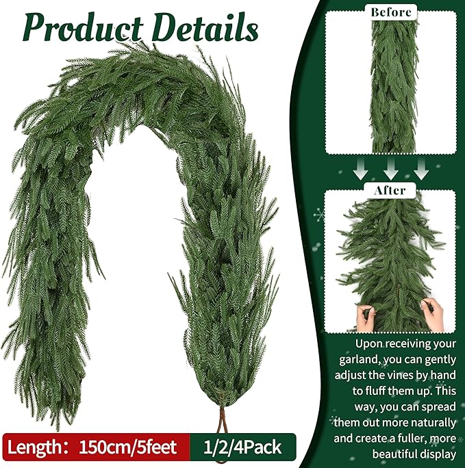 Palonu 4 Pcs 5Ft Artificial Norfolk Garland, Faux Christmas Greenery Touched Like Real Needles Pine, Decoration for Table Mantle Wall Porch Fireplace Indoor Outdoor Winter Holiday Décor