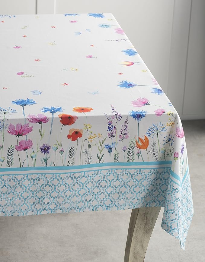 Maison d' Hermine Table Cloth Square Table 100% Cotton 60 x 60 Inches Tablecloth Reusable Decorative for Dining Room, Farmhouse, Home, Party, Festive & Wedding Spring Summer - Flower in The Field