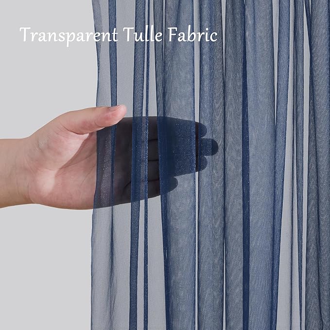 20x10ft Navy Blue Tulle Backdrop Curtain with Lights String for Parites, Sheer Backdrop Curtains for Wedding Baby Shower Birthday Party Photo Shoot Decorations