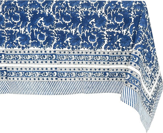 ATOSII Paradise Blue 100% Cotton Rectangle Summer Tablecloth, Handblock Floral Print Linen Table Cloth for Kitchen Dining I Parties, Weddings, Outdoors, Decor 60 X 90 Inches