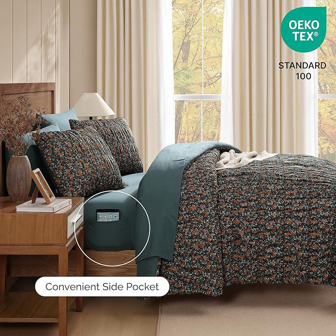 Full Size Comforter Sets-7 Pieces Puff Dark Green Floral Bedding Set for All Seasons, Shabby Chic Farmhouse Bed in a Bag Full with Floral Comforter, Sheets, Pillowcases & Shams