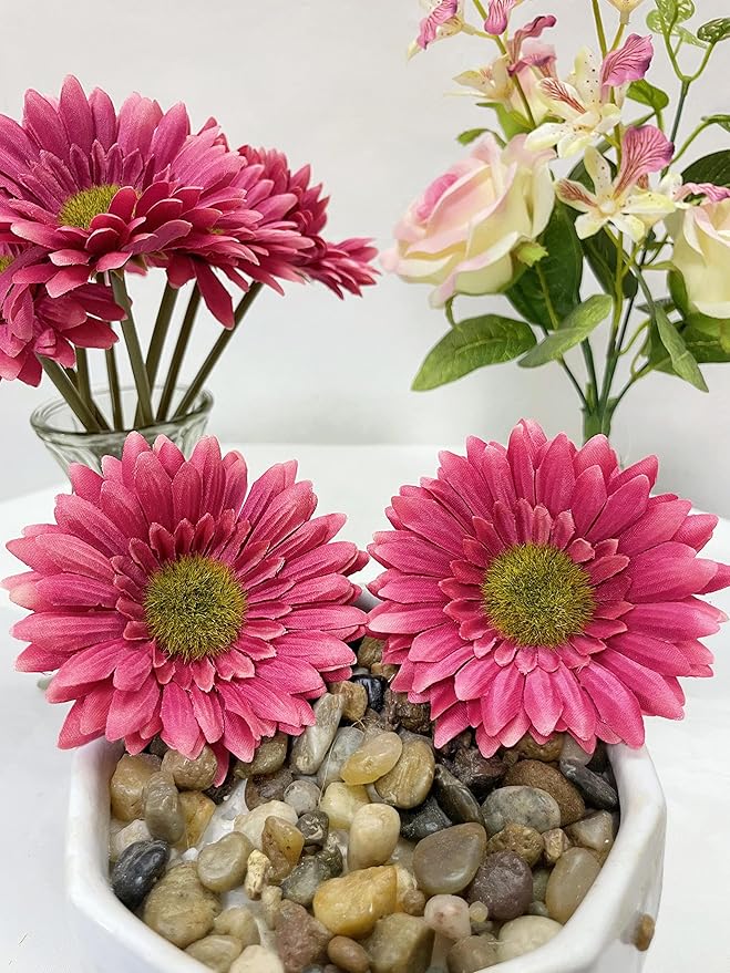 10PCS Artificial Gerbera Daisy Silk Flowers Faux Flower for Party Home Kitchen Garden Wedding Decor (Hot Pink)
