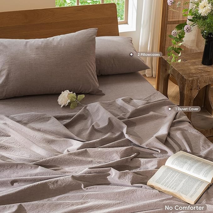 MooMee Bedding Duvet Cover Set 100% Washed Cotton Linen Like Textured Breathable Durable Soft Comfy (Heathered Mauve Brown, Alaska King 132"x120")