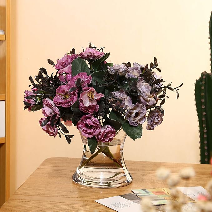 WGV Unique Bouquet Vase Bulk, 5.5" W, 6" H, Clear Short Hurricane Concaved Neiman Glass Floral Container, Home Wedding Event Decor, 12 Pieces (VHV0606)