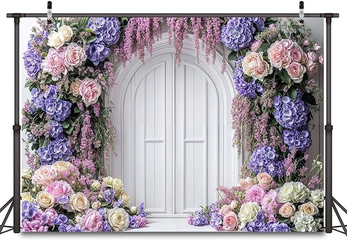 12x8ft Purple Flower Floral Arch Backdrop Background Photography Flower Wall Lavender Backdrop Party Wedding Girls Birthday Princess Mother's Day Bridal Shower Anniversary Banner Decor Studio Photo