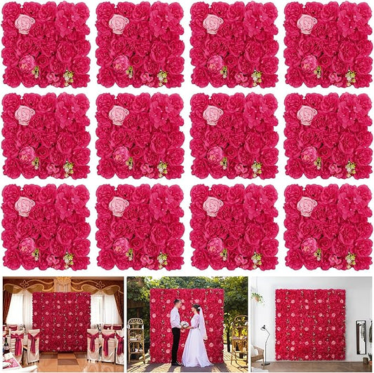 Silk Flowers Wall Rose Red-12Pack Artificial Floral Wall Panels Faux Hydrangea Peony Flower Panels for Wedding Party Event Thanksgiving Decor Photography Home Decor