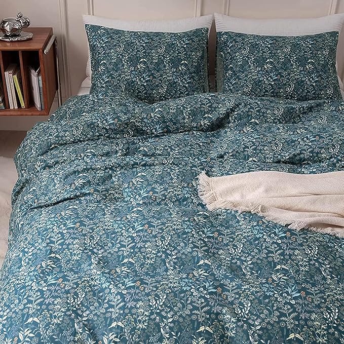EAVD Botanical Floral Duvet Cover King Soft 100% Cotton Floral Blue Duvet Cover Set Chic Shabby Floral Bedding Set Garden Style Blue Floral Comforter Cover with Zipper Closure 4 Ties