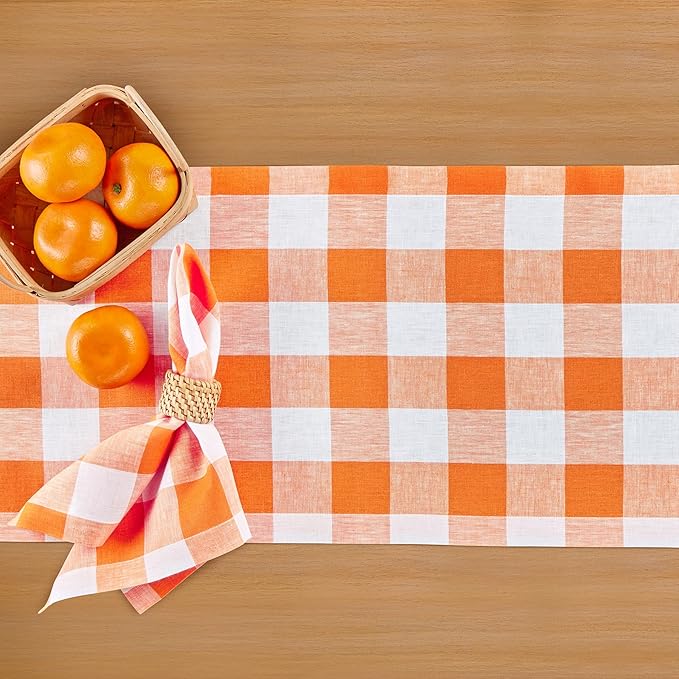 Solino Home Linen Checkered Table Runner 60 Inches - 100% Pure Linen Pumpkin and White Buffalo Table Runner 14 x 60 Inch Ideal for Dresser and Coffee Tables