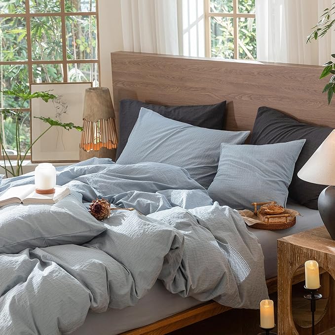 MooMee Wavy Striped Duvet Cover Set 100% Washed Cotton Linen Like Textured Breathable Durable Soft Comfy (Cornflower Blue, Oversized Queen 98"x98")