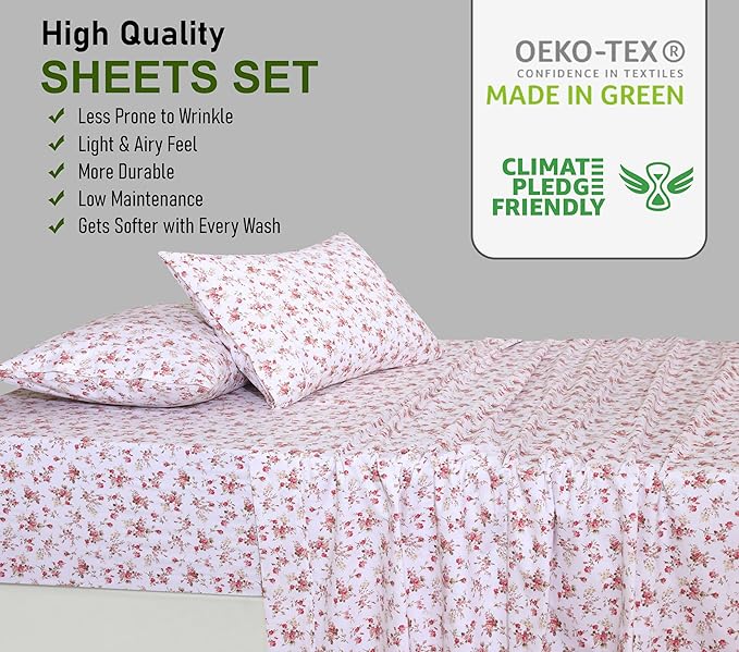 RUVANTI 100% Cotton Full Size Bed Sheets, 4 Pieces, Soft & Breathable Percale Weave Bedding, Deep Pocket 16", Hotel Standard, Crisp Cool Feel, Durable, Perfect Sheet Set Floral, Bouquet