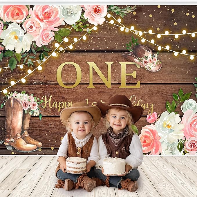 SVBright Cowgirl First Birthday Backdrop 7Wx5H Retro Western Rustic Country Pink Flower Wood Hat Happy Birthday Baby Shower Wooden Plank Decorations Photography Background Banner Photo Booth Studio